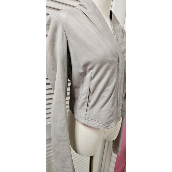 Theory Grey Lavella Soft Leather Long Sleeve Crop Motorcycle Jacket Size 2 - Picture 2 of 7